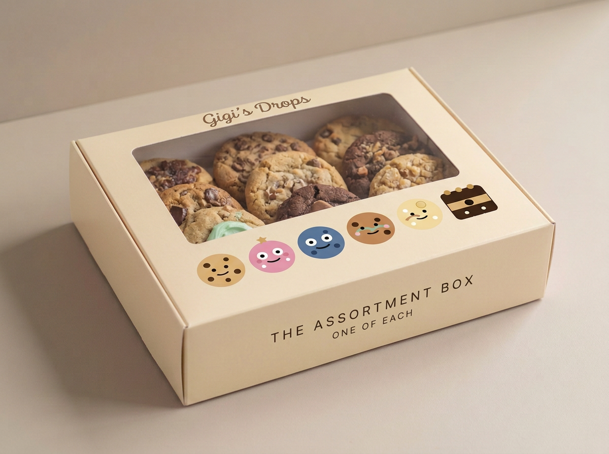 Gigi's Drops assortment gift box printed with all six cookie characters